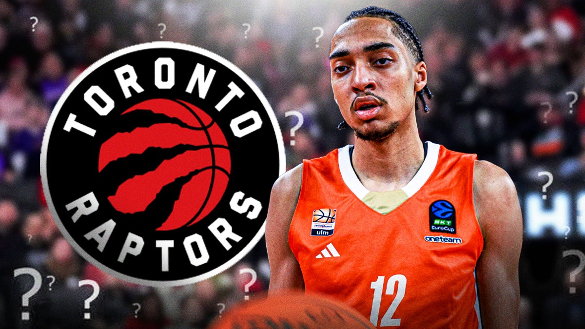 Noa Essengue with a Raptors logo and question marks