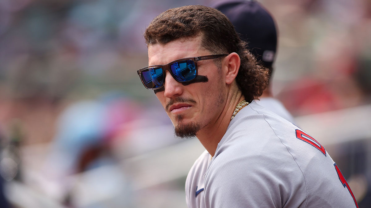 Boston Red Sox left fielder Jarren Duran (16) in the dugout against the Atlanta Braves in the second inning at Truist Park.