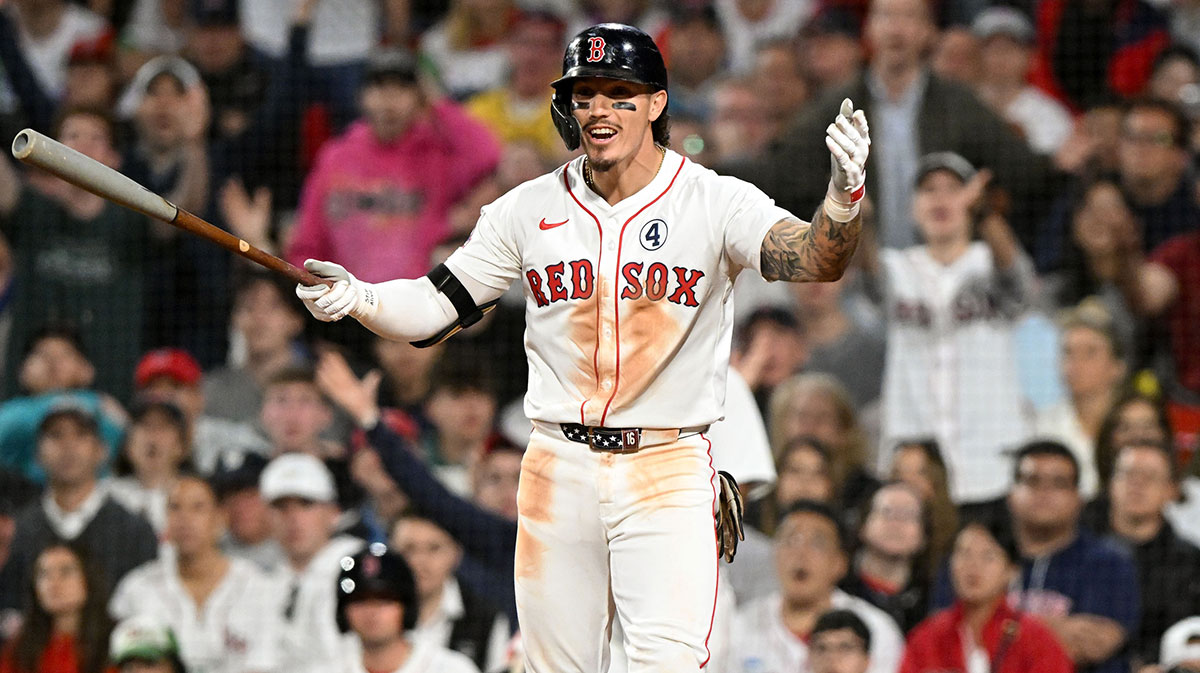 Red Sox outfielder Jarren Duran (16) reacts after striking out
