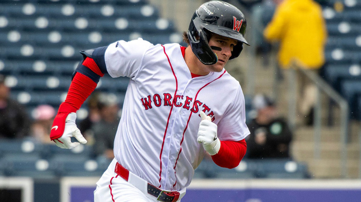Worcester left fielder Roman Anthony runs on a fly ball.
