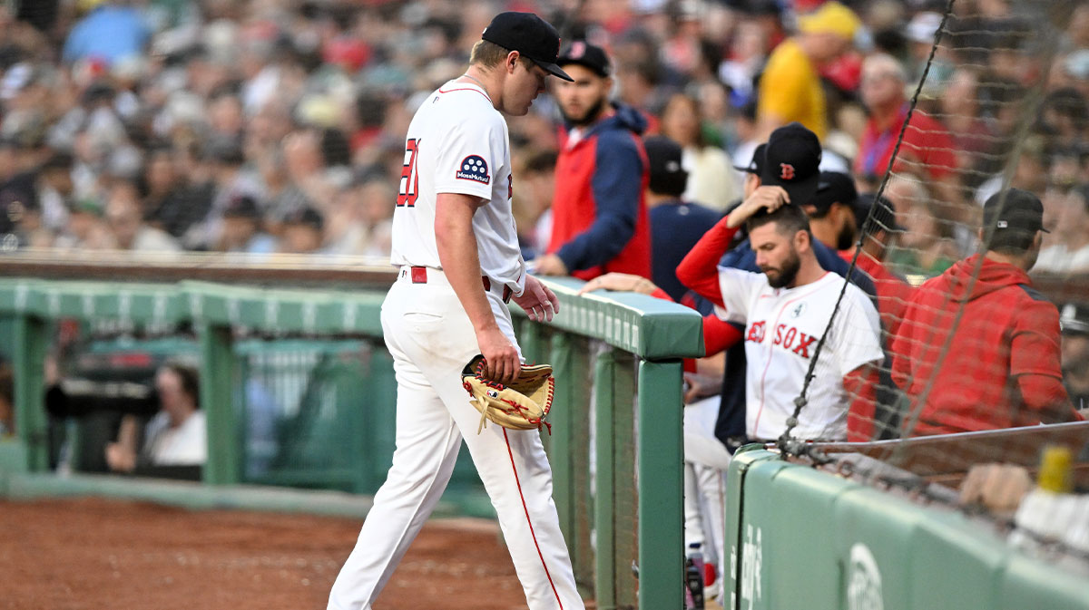 Red Sox pitcher Richard Fitts (80) walks off of the field