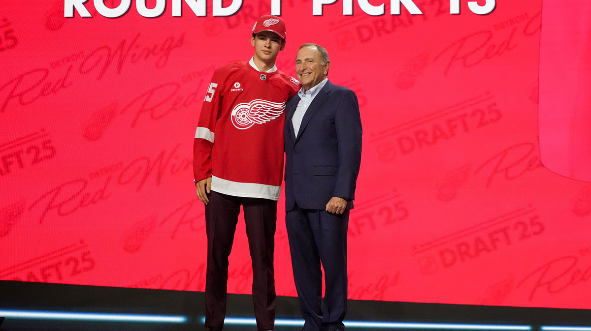Carter Bear is selected as the 13th overall pick to the Detroit Red Wings in the first round of the 2025 NHL Draft at Peacock Theater.