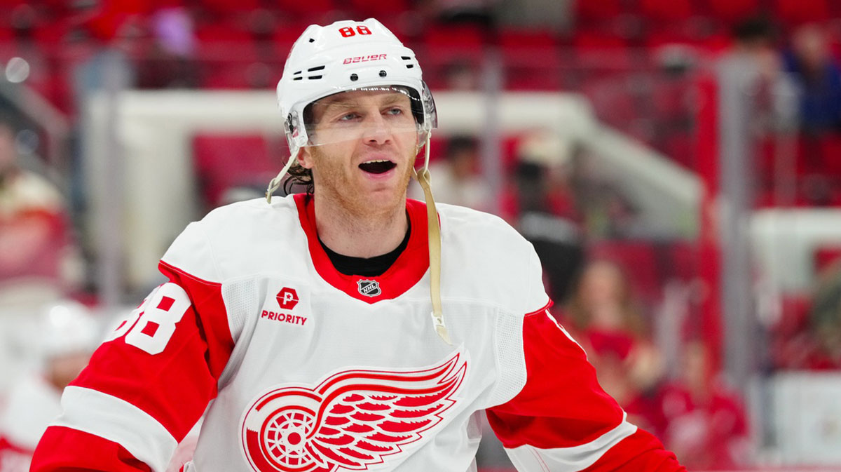 Detroit Red Wings right wing Patrick Kane (88) reacts during the warmups before the game against the Carolina Hurricanes at Lenovo Center.