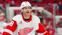 Detroit Red Wings right wing Patrick Kane (88) reacts during the warmups before the game against the Carolina Hurricanes at Lenovo Center.
