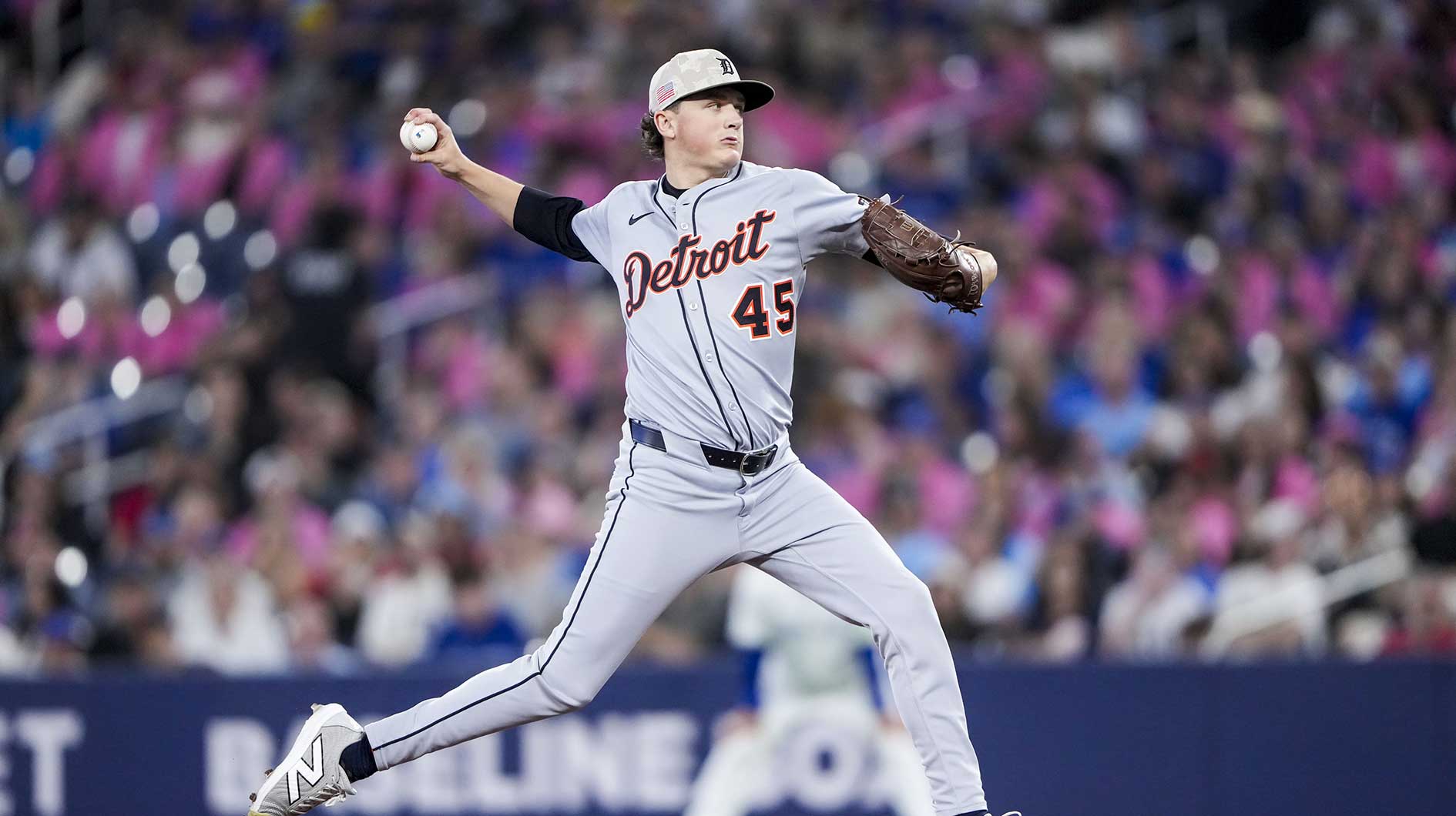Detroit Tigers pitcher Reese Olson (45) pitches to the Toronto Blue Jays during the first inning in their MLB game at Rogers Centre.