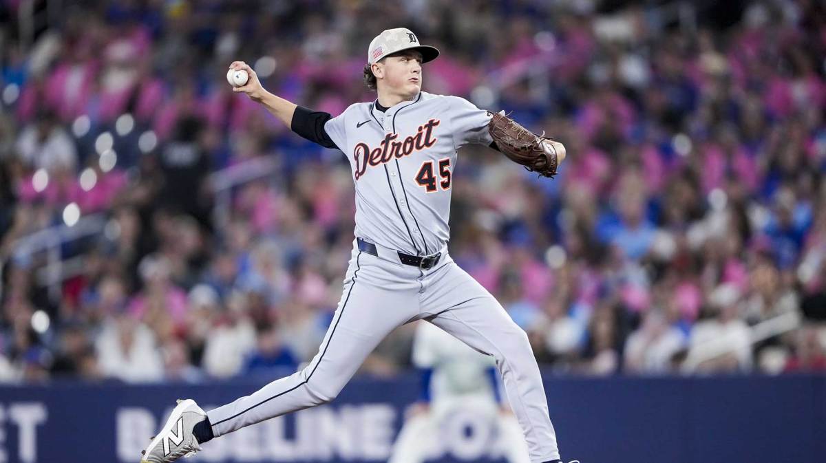 Detroit Tigers pitcher Reese Olson (45) pitches to the Toronto Blue Jays during the first inning in their MLB game at Rogers Centre.