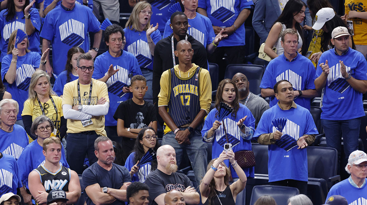 Reggie Miller reacts late in the fourth quarter during game seven of the 2025 NBA Finals against the Oklahoma City Thunder at Paycom Center.