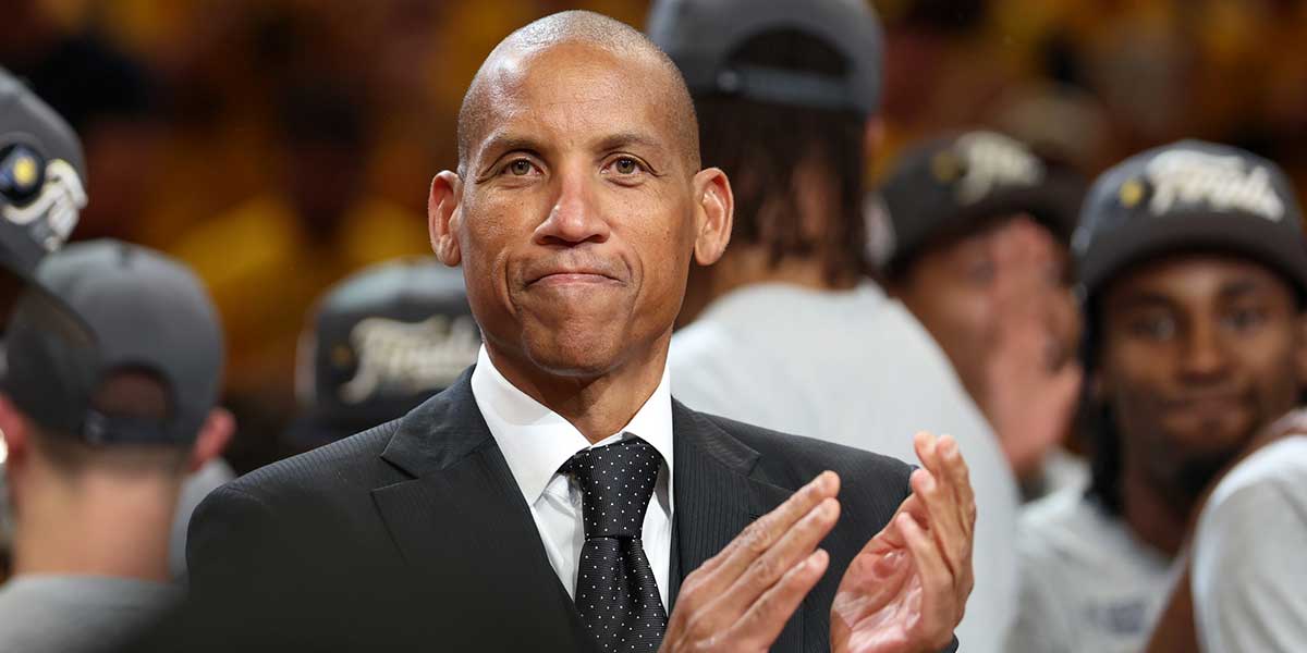May 31, 2025; Indianapolis, Indiana, USA; Reggie Miller is seen after game six of the eastern conference finals between the Indiana Pacers and the New York Knicks for the 2025 NBA Playoffs at Gainbridge Fieldhouse. Mandatory Credit: Trevor Ruszkowski-Imagn Images