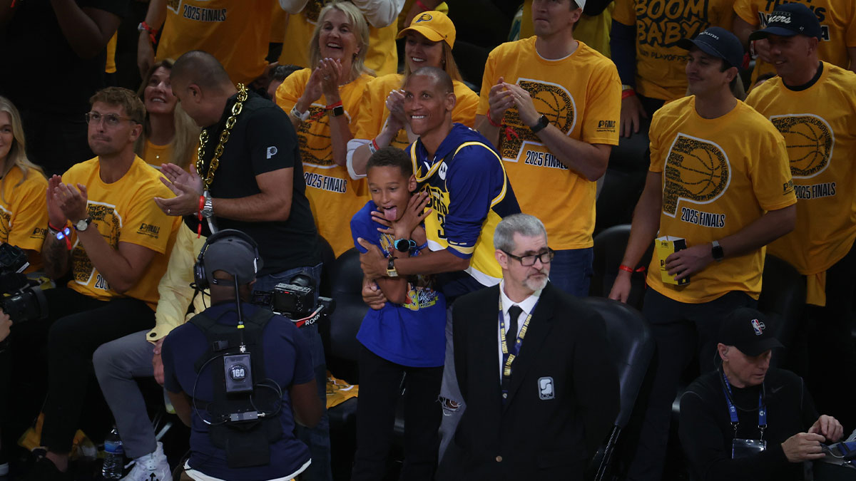 Reggie Miller stands on the court during the first quarter of game four of the 2025 NBA Finals between the Indiana Pacers and the Oklahoma City Thunder at Gainbridge Fieldhouse.