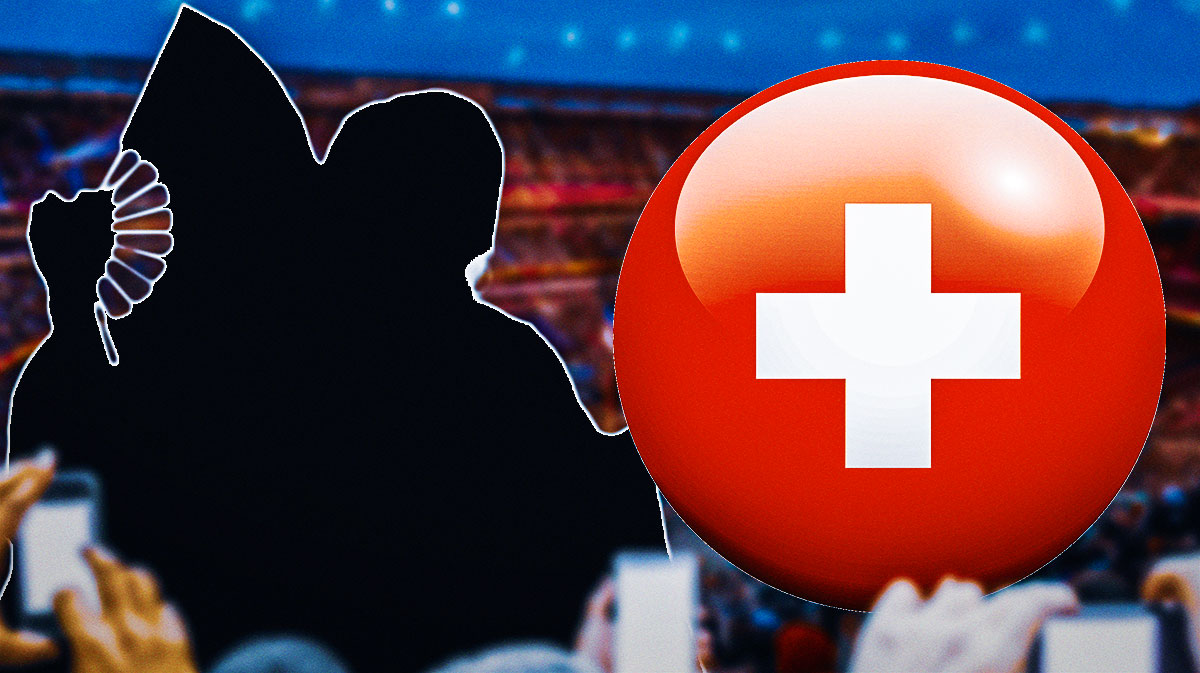 Silhouette of Asuka, who WWE spoiled the return from injury of, with medical plus symbol with WrestleMania stadium background.