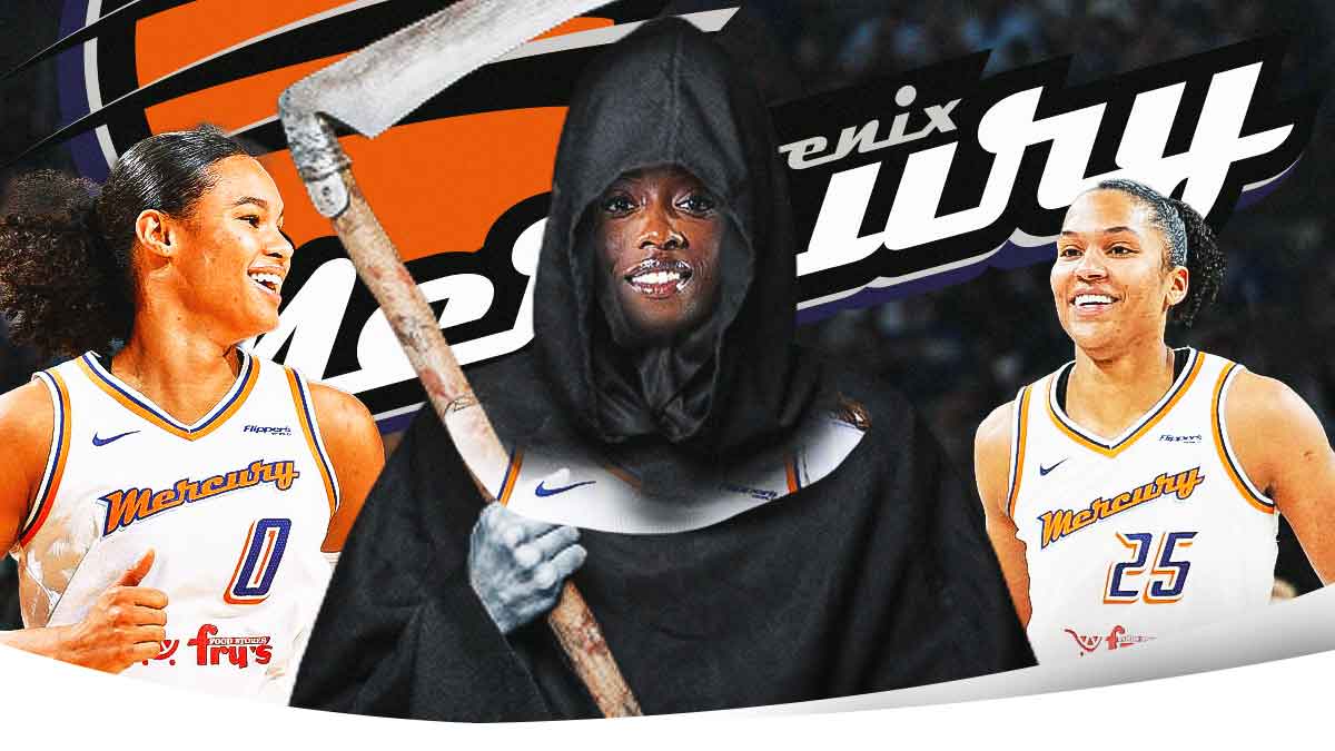 Kahleah Copper's face over the Grim Reaper, with Phoenix Mercury teammates Satou Sabally and Alyssa Thomas smiling next to her. There's also a background of the Mercury logo behind them.