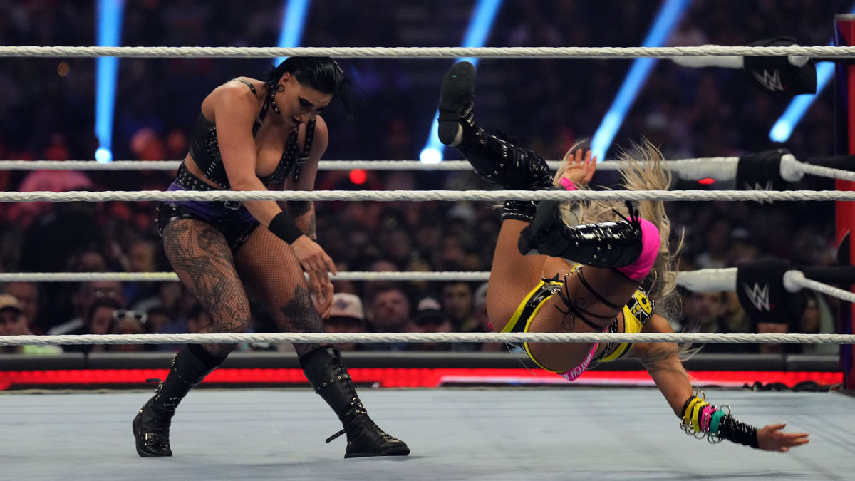WWE star Rhea Ripley throwing Liv Morgan, who suffered an injury on the June 16, 2025, edition of Monday Night RAW.