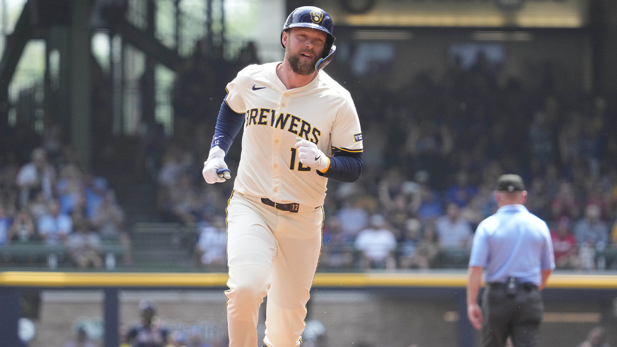 Milwaukee Brewers first baseman Rhys Hoskins (12) rounds the bases after hitting a home run against the Atlanta Braves in the second inning at American Family Field.