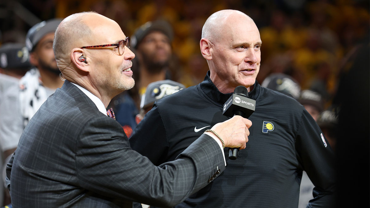 Ernie Johnson interviews Indiana Pacers head coach Rick Carlisle after game six of the eastern conference finals against the New York Knicks for the 2025 NBA Playoffs at Gainbridge Fieldhouse.