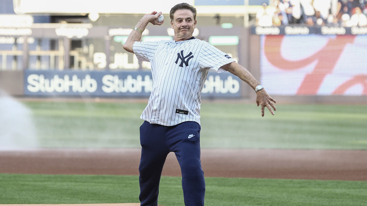 St. John’s Red Storm head coach Rick Pitino throws out the first pitch prior to the game between the Cleveland Guardians and the New York Yankees at Yankee Stadium.