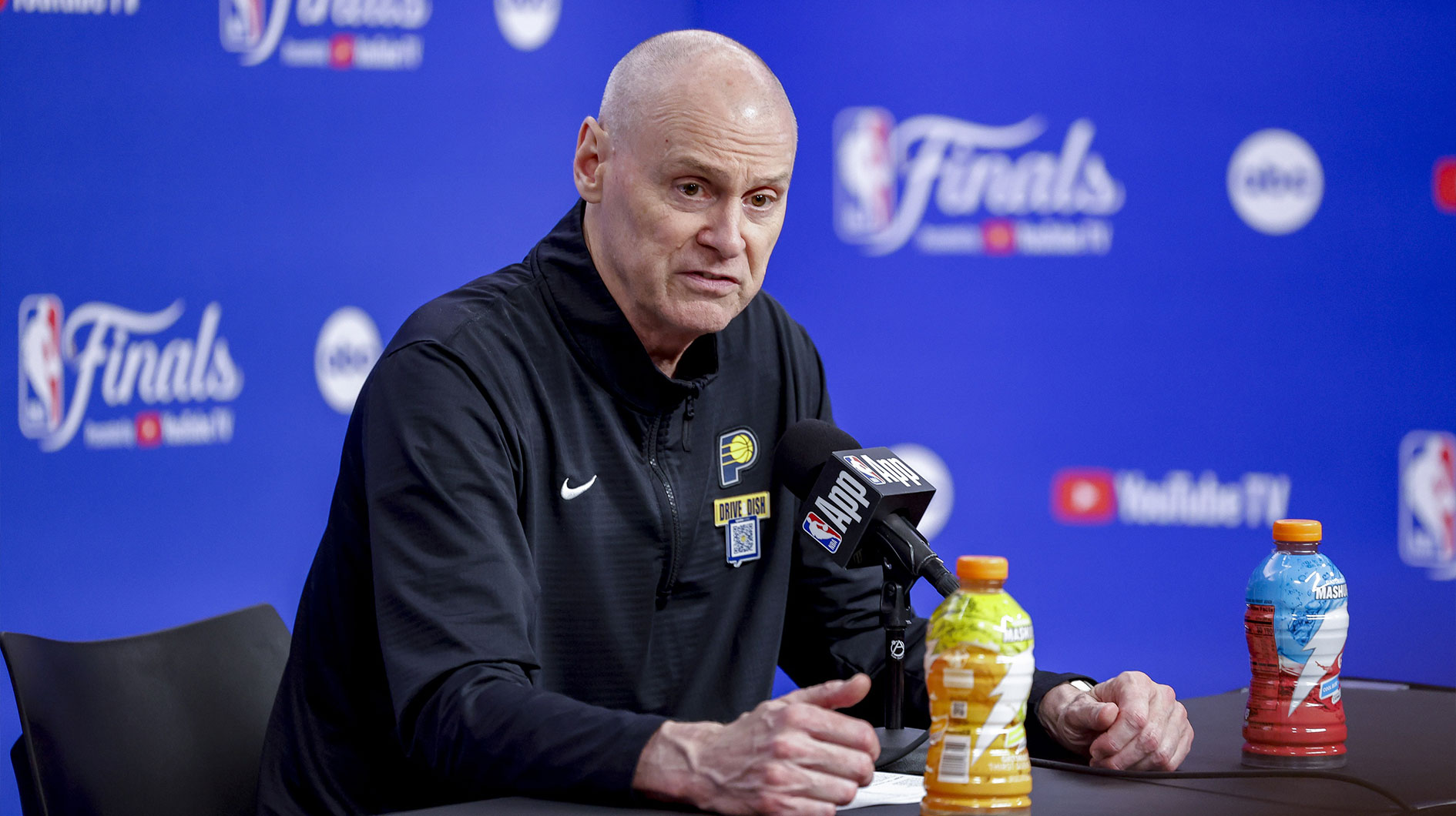 Indiana Pacers head coach Rick Carlisle speaks to the media after the Pacers defeat the Oklahoma City Thunder during game one of the 2025 NBA Finals at Paycom Center.
