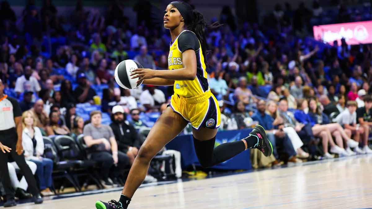 Jun 6, 2025; Arlington, Texas, USA; Los Angeles Sparks forward Rickea Jackson (2) drives to the basket during the first half against the Dallas Wings at College Park Center. Mandatory Credit: Kevin Jairaj-Imagn Images