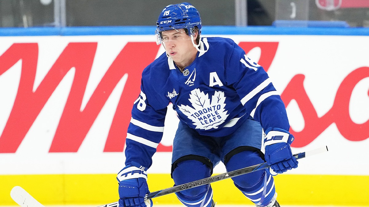 Toronto Maple Leafs right wing Mitch Marner (16) jumps during the warmup before a game against the Pittsburgh Penguins at Scotiabank Arena.