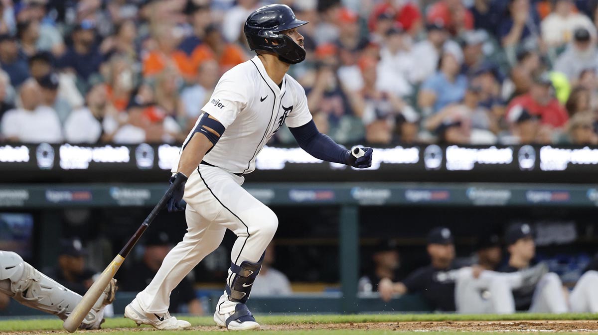 Detroit Tigers outfielder Riley Greene (31) hits a double in the third inning against the Athletics at Comerica Park.