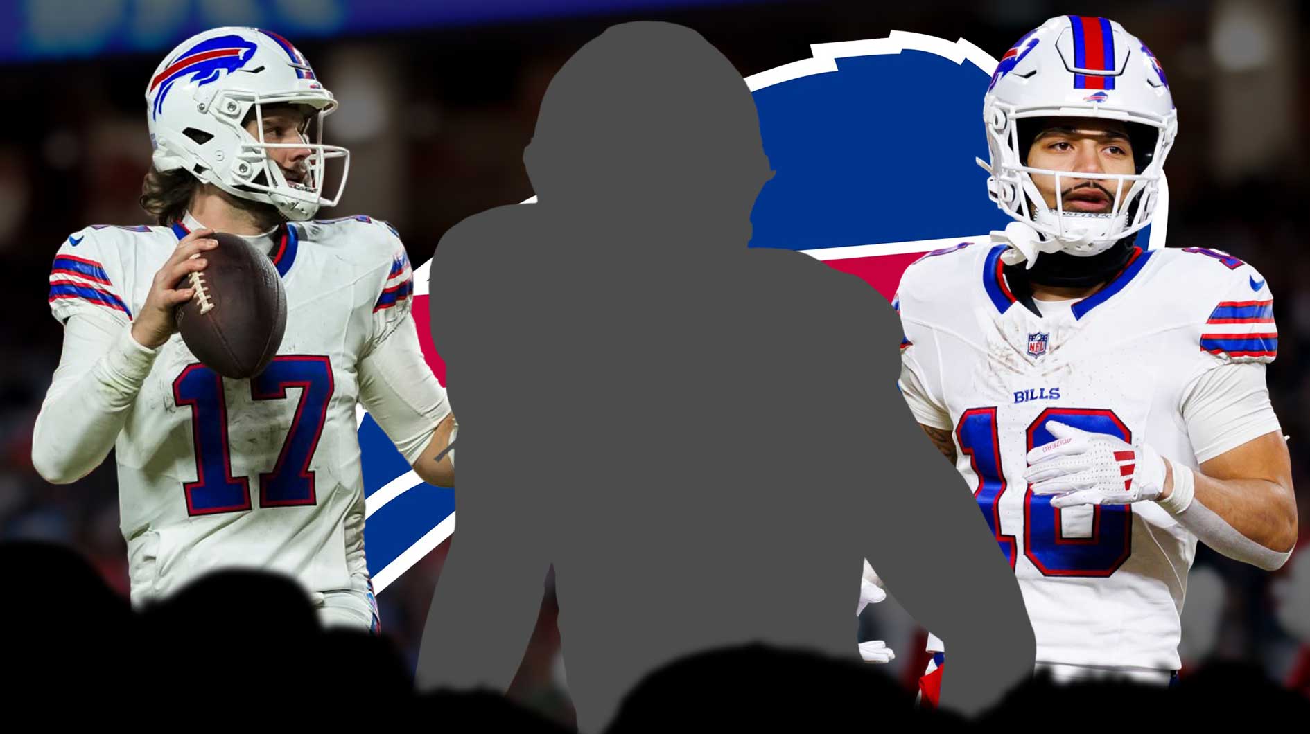 One mystery player in the middle - Josh Allen and Khalil Shakir around him - Buffalo Bills logo in the background