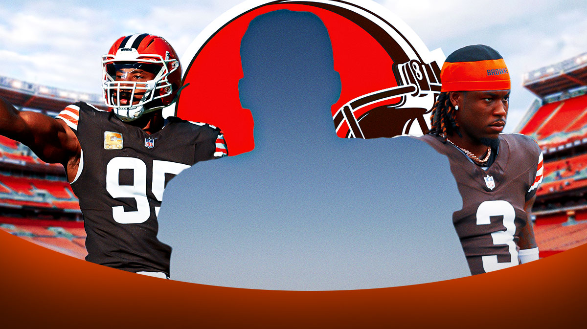 One mystery player in the middle, Jerry Jeudy and Myles Garrett around him, Cleveland Browns logo in the background