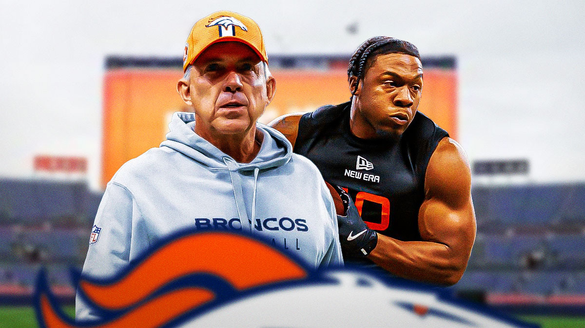 Broncos HC Sean Payton with Broncos RB RJ Harvey behind him