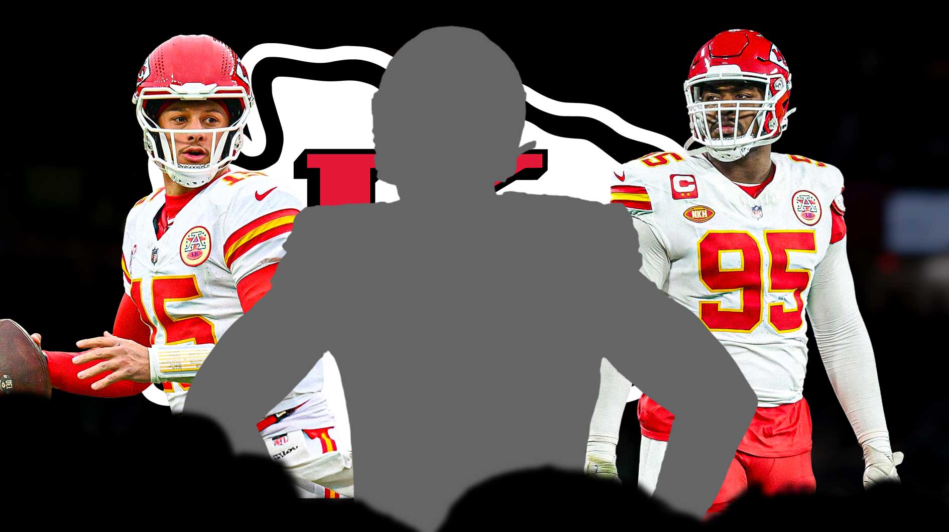 One mystery player in the middle, Patrick Mahomes and Chris Jones around him, Kansas City Chiefs logo in the background