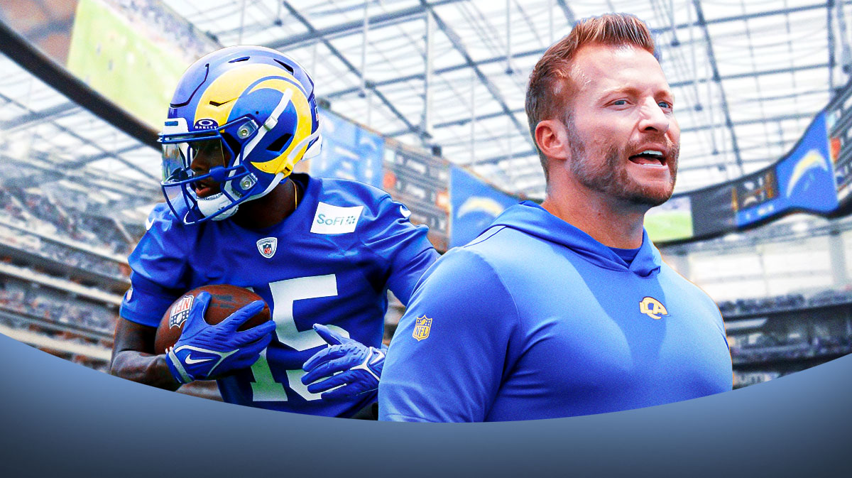 Rams head coach Sean McVay with Rams receiver Konata Mumpfield behind him