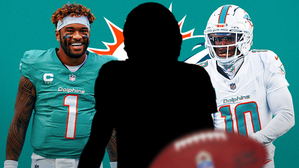 One mystery player in the middle, Tua Tagovailoa and Tyreek Hill around him, Miami Dolphins logo in the background