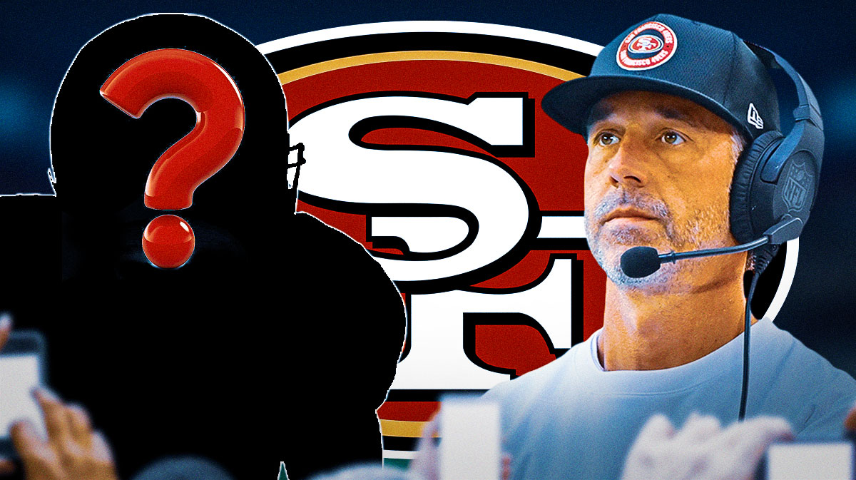 San Francisco 49ers head coach Kyle Shanahan next to a silhouette of an American football player with a big question mark emoji inside. There is also a logo for the San Francisco 49ers.