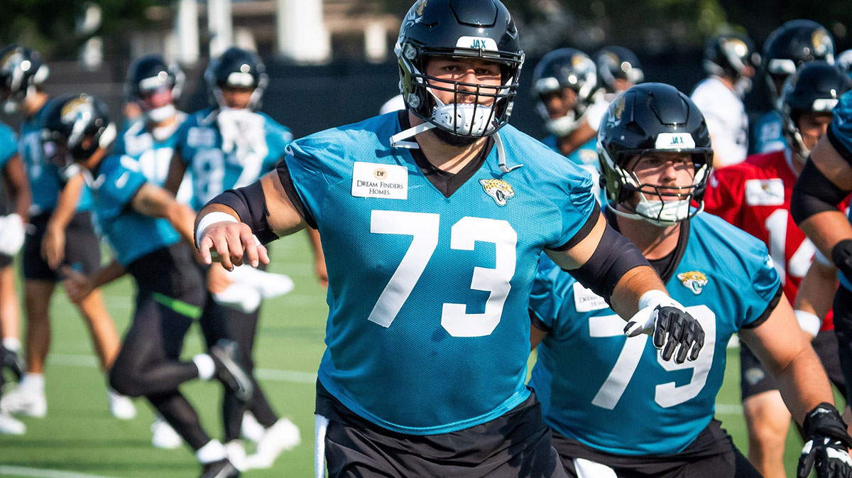 Jacksonville Jaguars center Robert Hainsey (73) warms up with Jacksonville Jaguars center Luke Fortner (79) during the seventh organized team activity at the Miller Electric Center in Jacksonville, Fla. Monday, June 2, 2025.