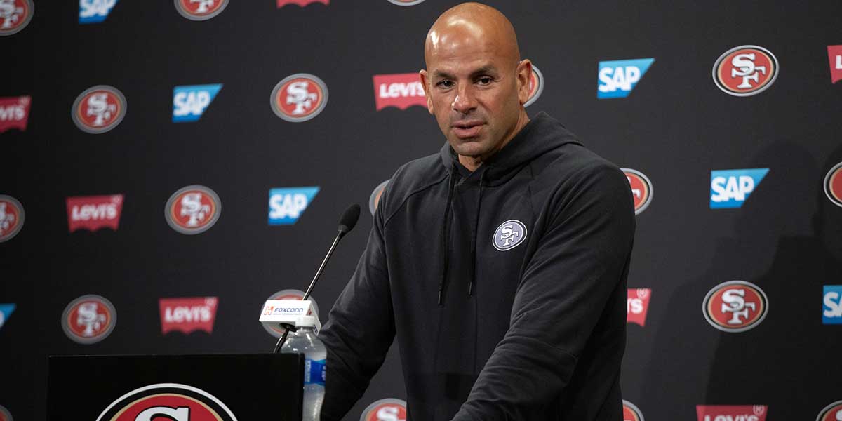 San Francisco 49ers defensive coordinator Robert Saleh speaks to the media following a team OTA at Levi's Stadium.