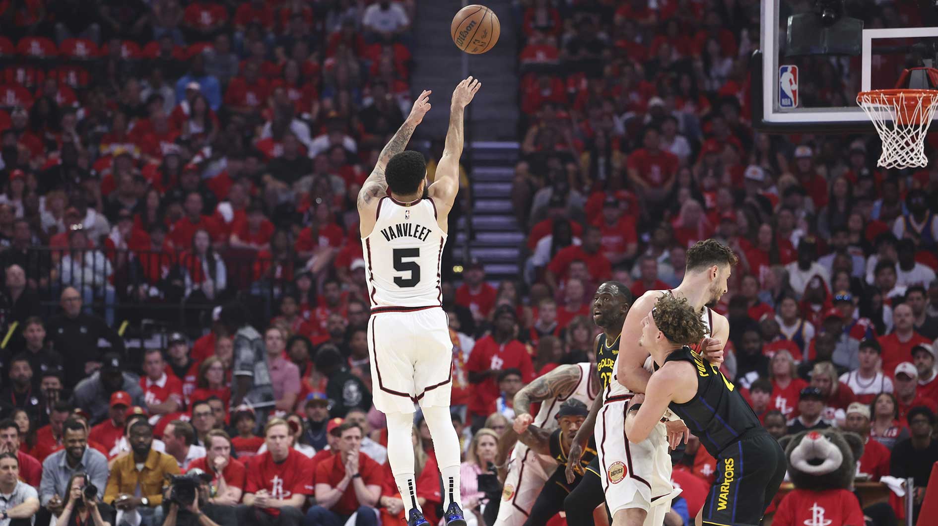 Houston Rockets guard Fred VanVleet (5) shoots the ball during the first half of game seven of first round for the 2025 NBA Playoffs against the Golden State Warriors at Toyota Center.