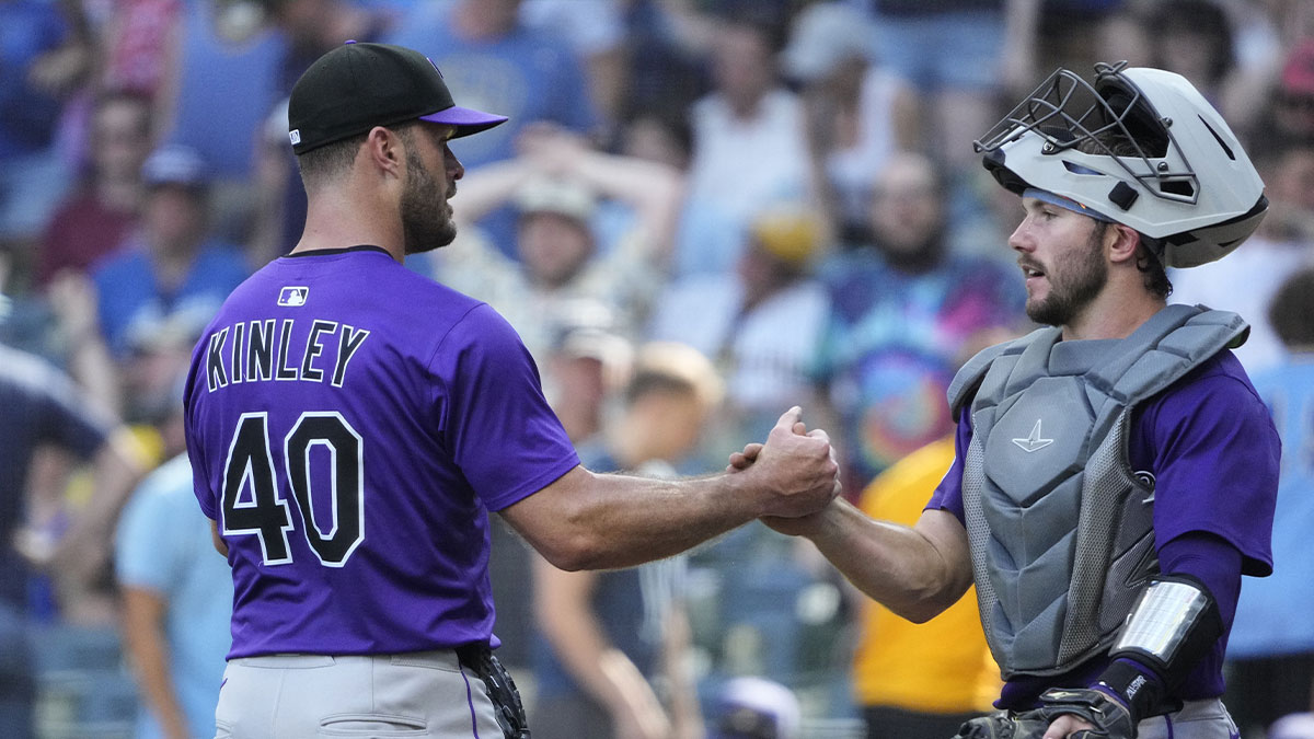 Colorado Rockies pitcher Tyler Kinley (40) and Colorado Rockies catcher Braxton Fulford (37) celebrate a win over the Milwaukee Brewers in eleven inning at American Family Field.