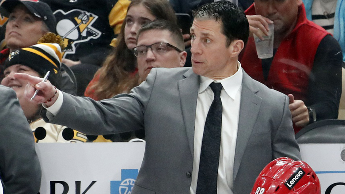 Carolina Hurricanes head coach Rod Brind'Amour gestures on the bench against the Pittsburgh Penguins during the third period at PPG Paints Arena. Pittsburgh won 4-1.