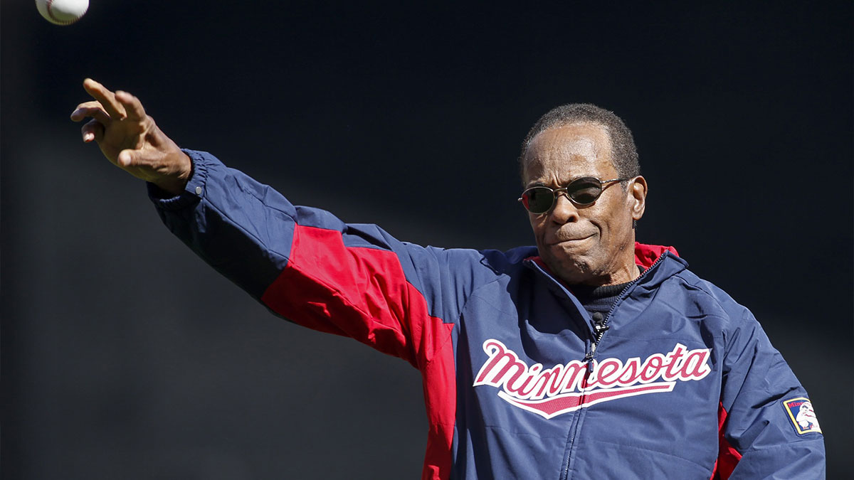 Minnesota Twins hall of fame player Rod Carew throws out a ceremonial first pitch before the game between the Twins and the Chicago White Sox at Target Field.