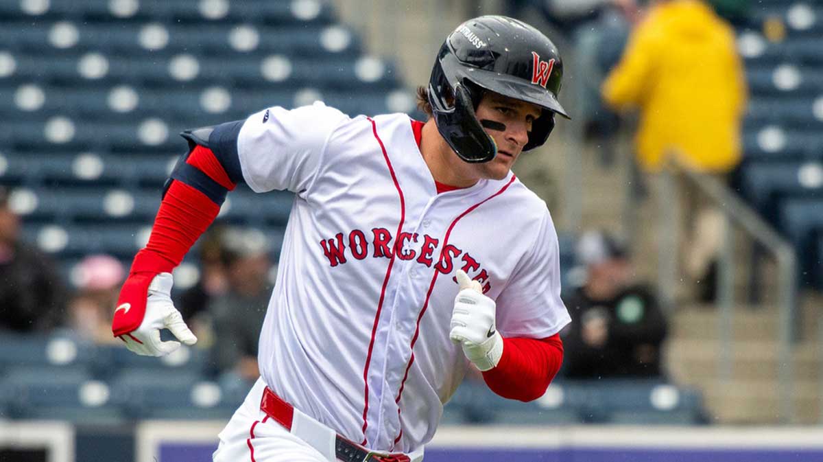 Worcester left fielder Roman Anthony runs on a fly ball against the Durham Bulls May 23.