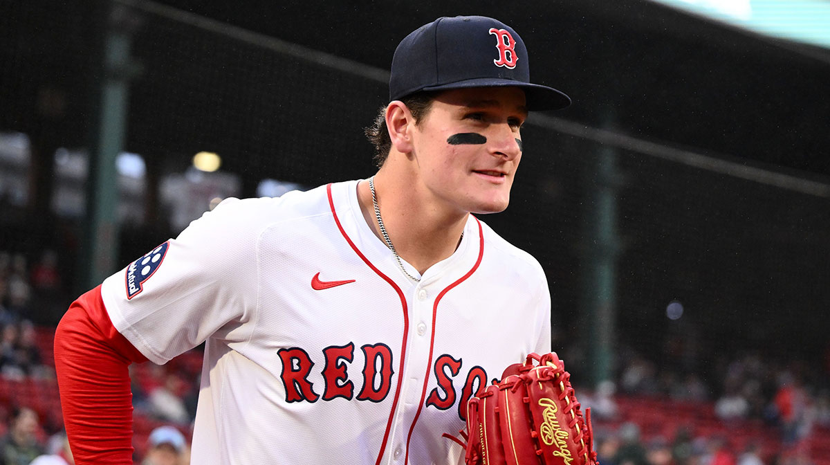 Boston Red Sox right fielder Roman Anthony (48) runs onto the field before a game against the Tampa Bay Rays at Fenway Park.