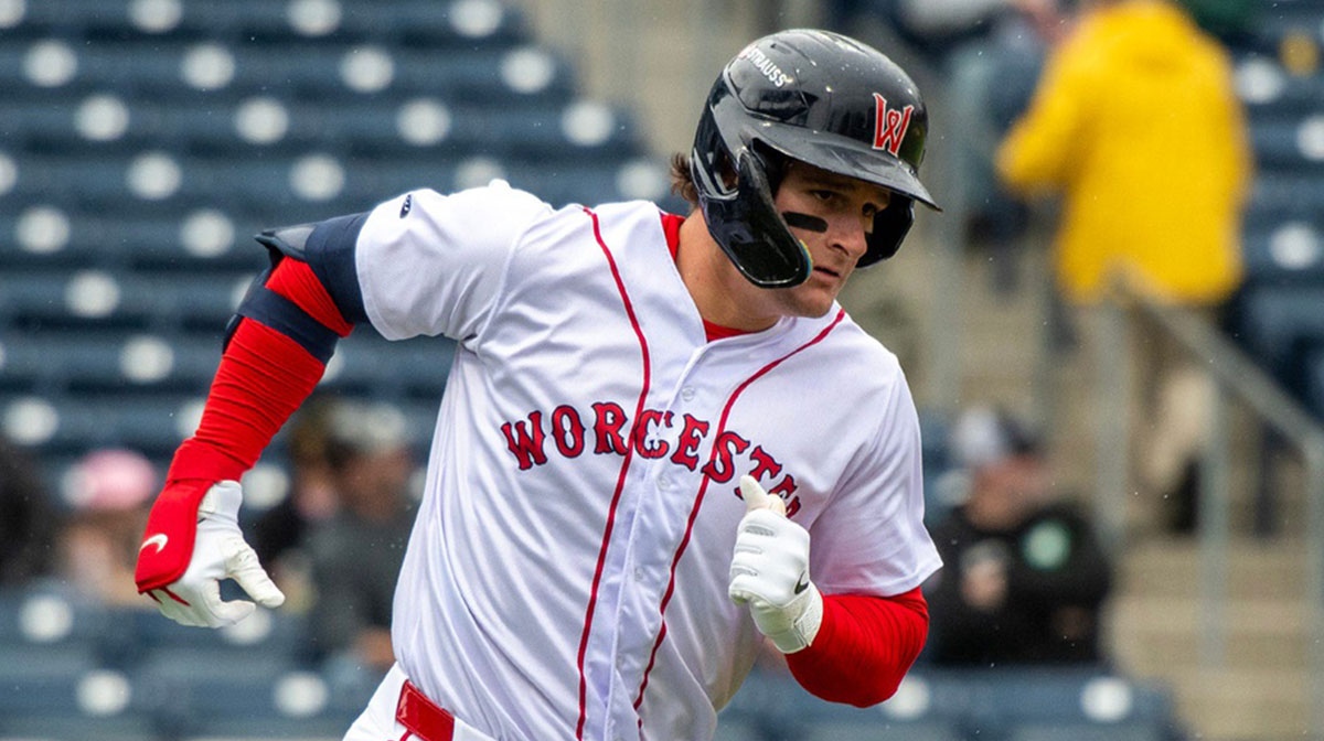 Worcester left fielder Roman Anthony runs on a fly ball against the Durham Bulls
