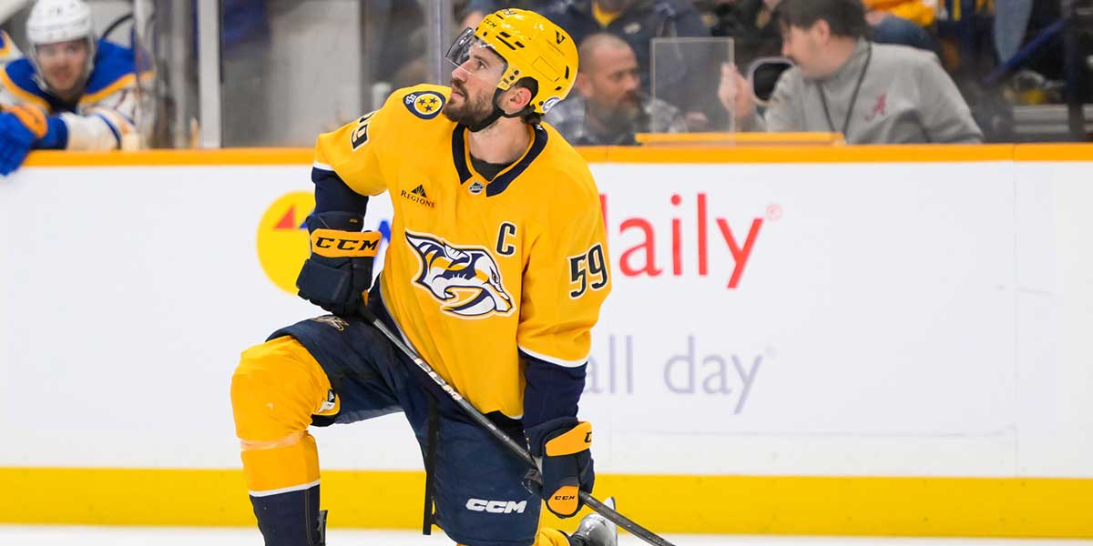 Nashville Predators defenseman Roman Josi (59) awaits a face off against the Buffalo Sabres during the first period at Bridgestone Arena.