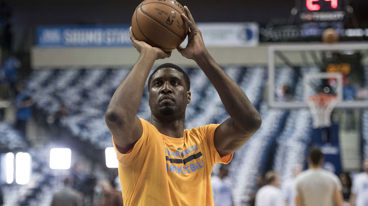 Denver Nuggets center Roy Hibbert (34) warms up before the game against the Dallas Mavericks at the American Airlines Center.