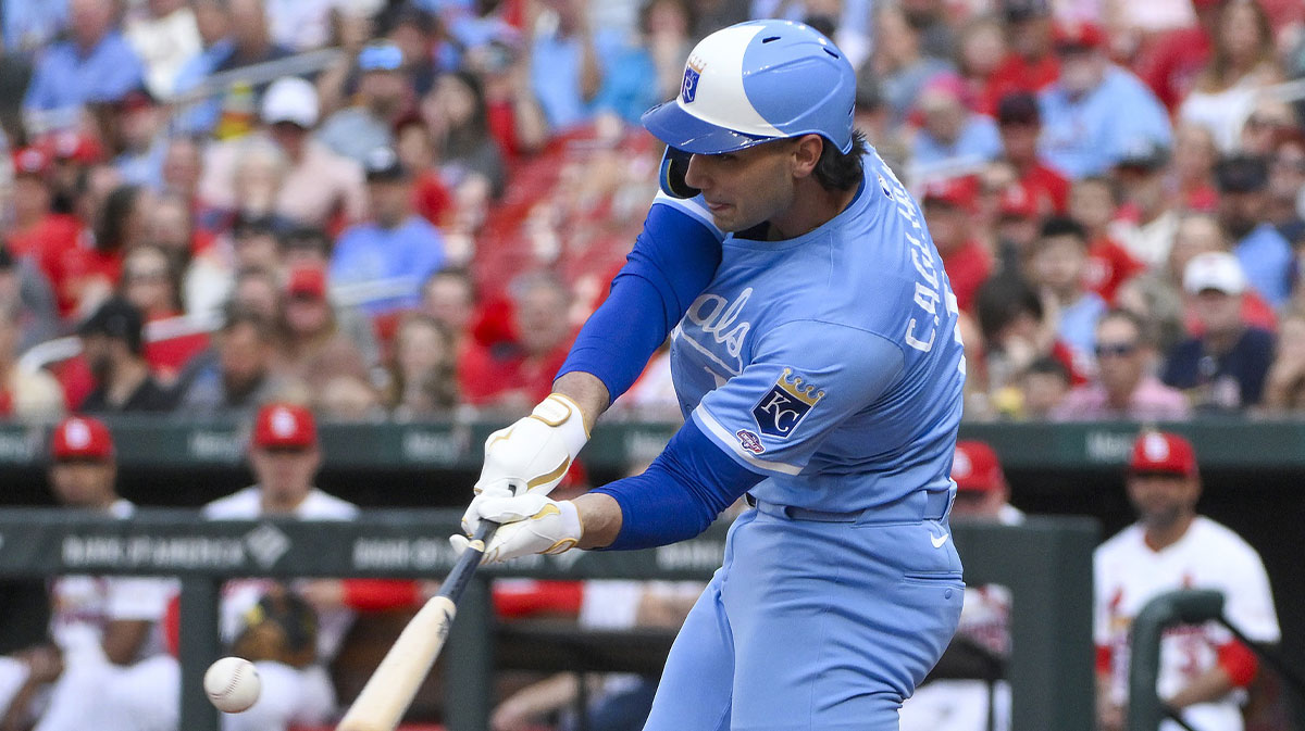 ; Kansas City Royals designated hitter Jac Caglianone (14) bats against the St. Louis Cardinals during the second inning of his Major League Baseball debut at Busch Stadium.