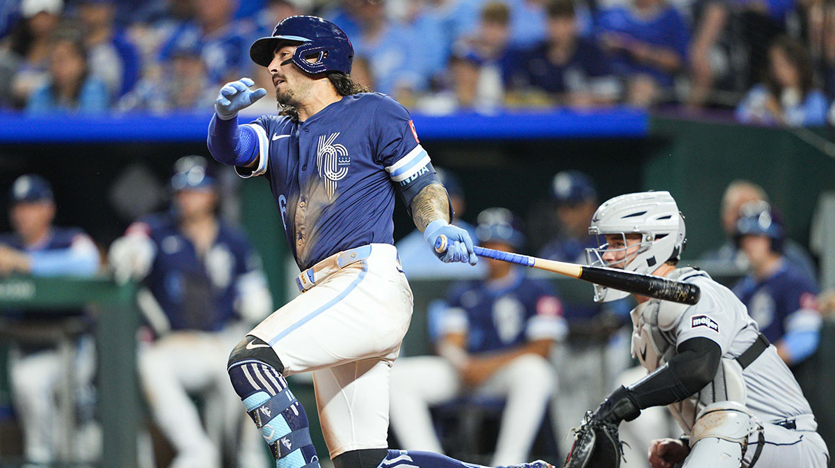 Kansas City Royals third baseman Jonathan India (6) hits a single during the sixth inning against the Detroit Tigers at Kauffman Stadium.