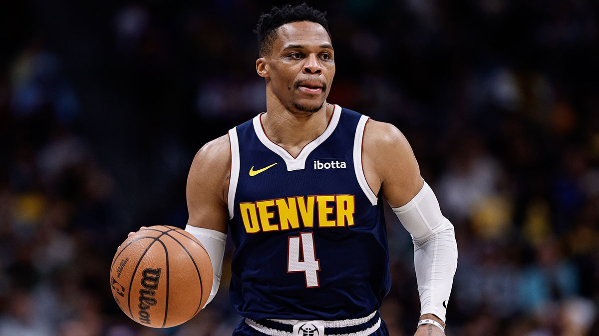 Denver Nuggets guard Russell Westbrook (4) controls the ball in the first quarter against the Los Angeles Lakers at Ball Arena.