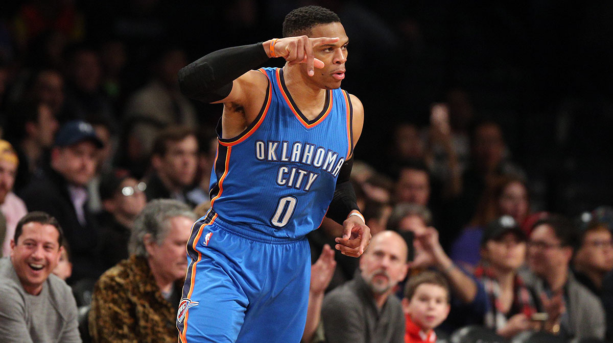 Oklahoma City Thunder point guard Russell Westbrook (0) reacts during the third quarter against the Brooklyn Nets at Barclays Center.