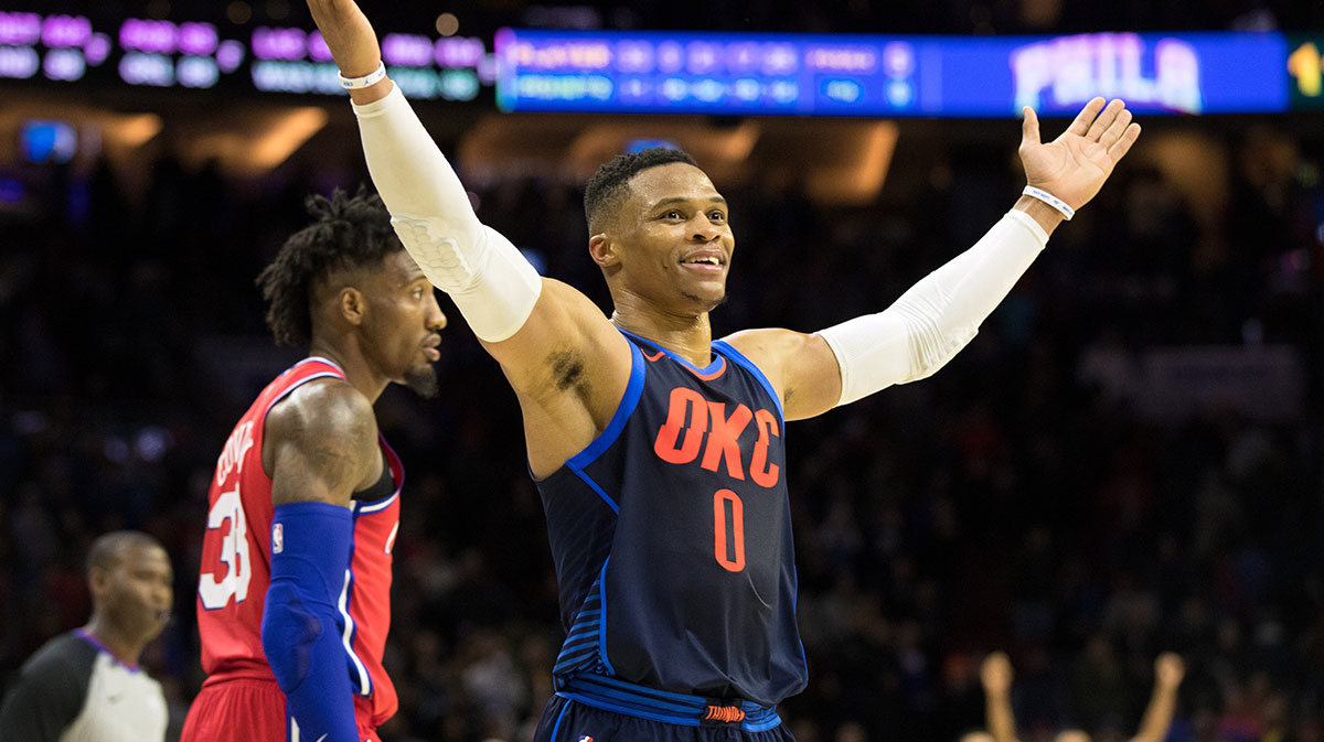 Oklahoma City Thunder guard Russell Westbrook (0) reacts after a victory in overtime against the Philadelphia 76ers at Wells Fargo Center.