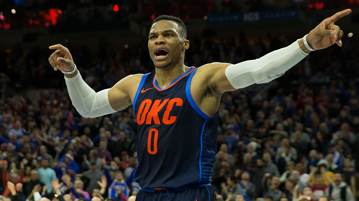 Oklahoma City Thunder guard Russell Westbrook (0) reacts against the Philadelphia 76ers at Wells Fargo Center.