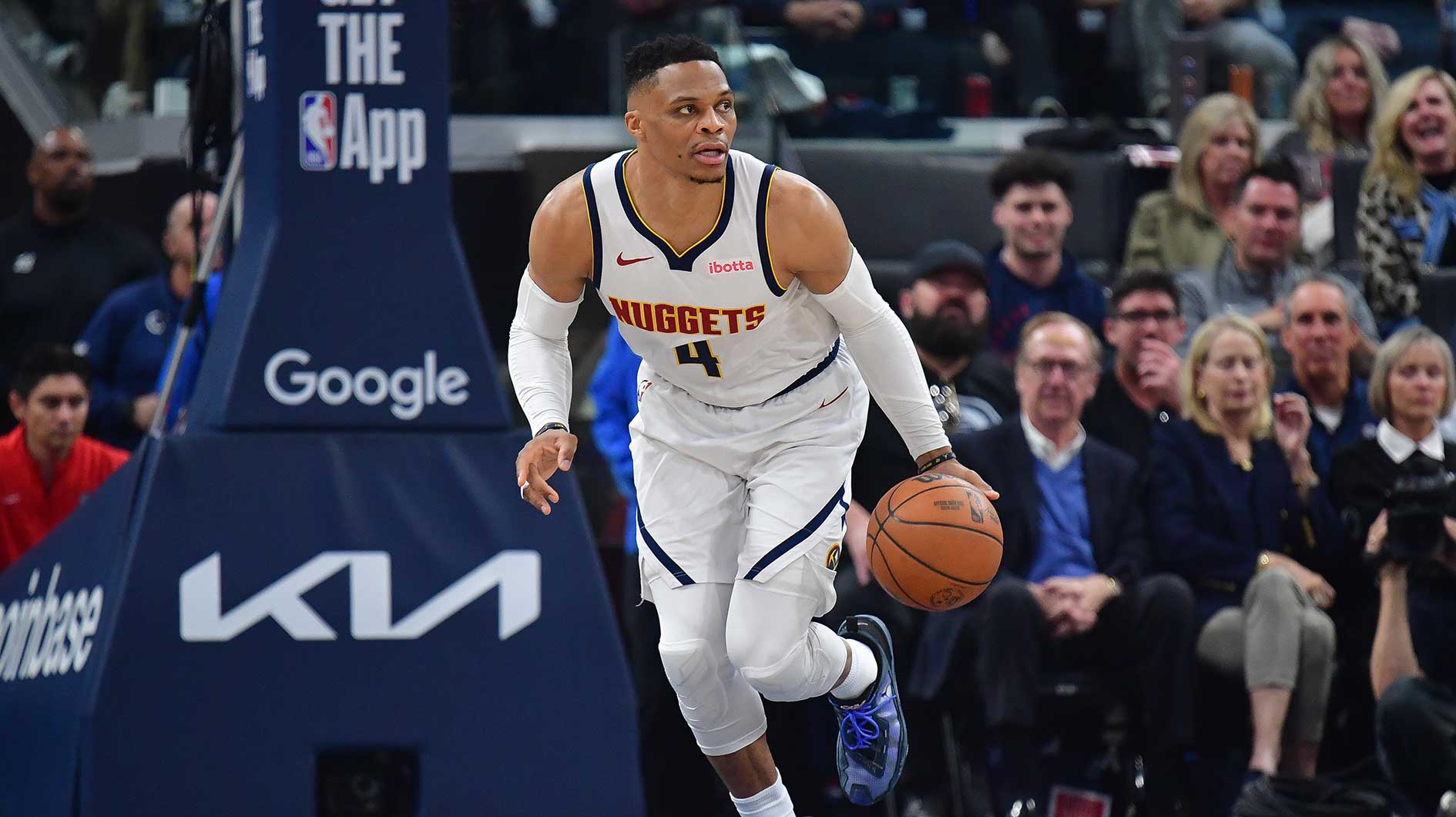 Denver Nuggets guard Russell Westbrook (4) moves the ball up court against the Los Angeles Clippers during the first half of game three in the first round for the 2024 NBA Playoffs at Intuit Dome.