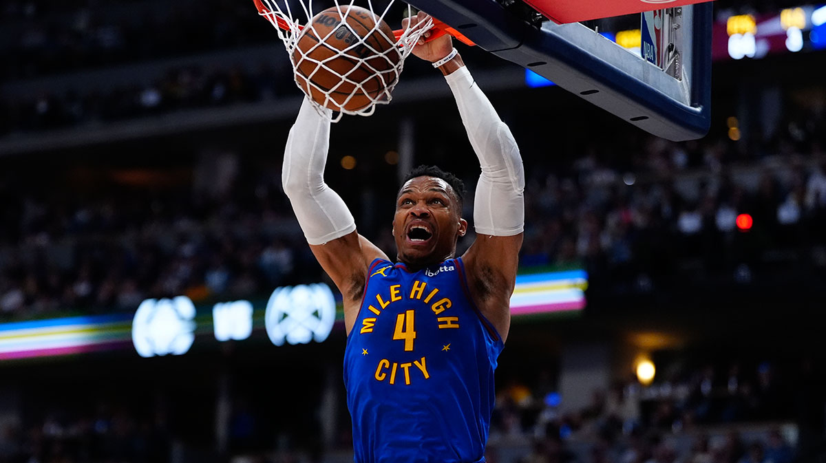 Denver Nuggets guard Russell Westbrook (4) finishes off a dunk in the fourth quarter against the LA Clippers at Ball Arena.