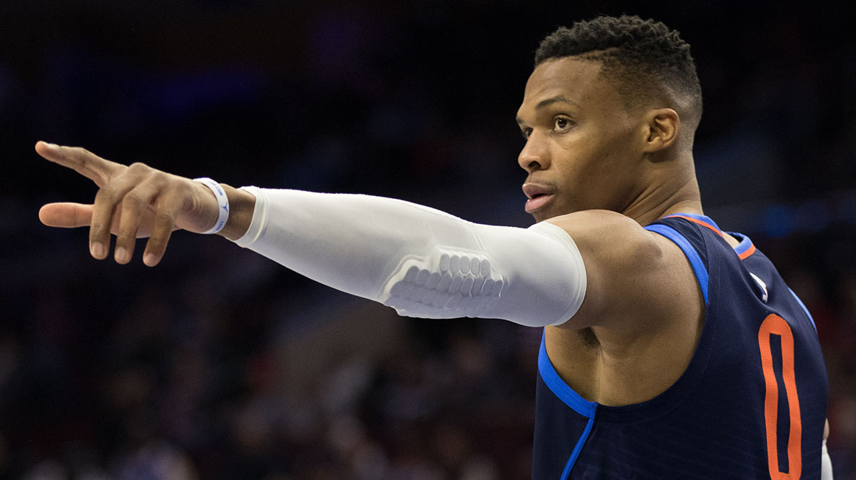 Oklahoma City Thunder guard Russell Westbrook (0) against the Philadelphia 76ers at Wells Fargo Center. 